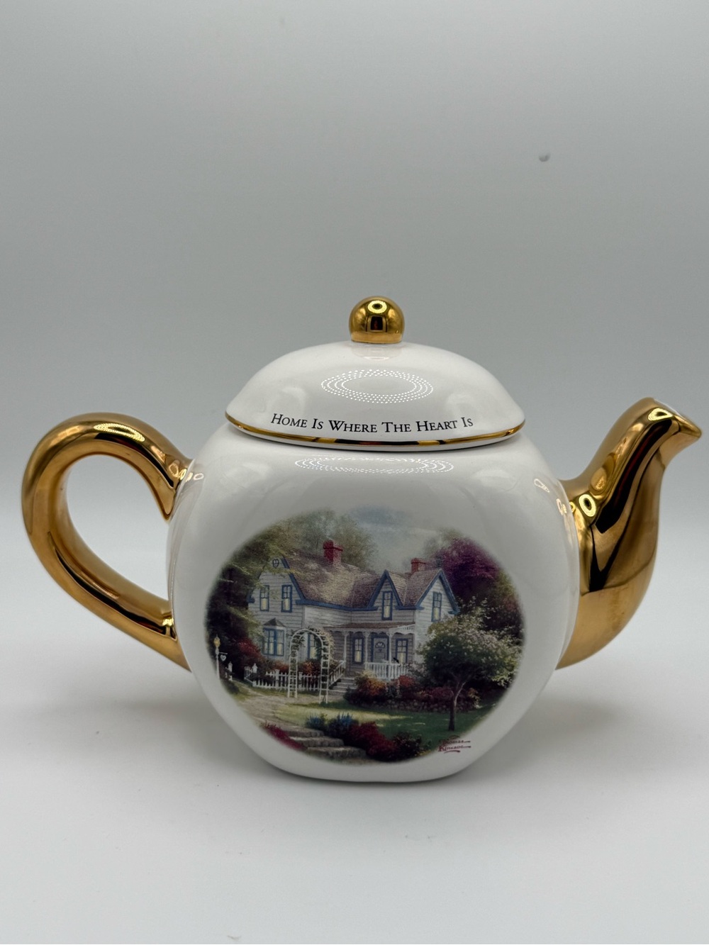 Thomas Kinkade White and Gold Cottage Teapot with Scenic Artwork